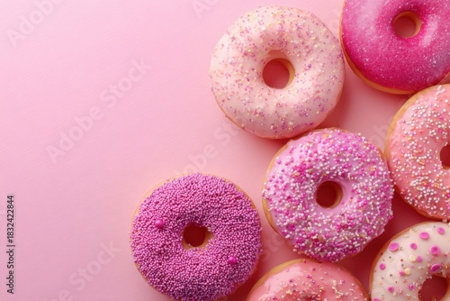 Delicious donuts assortment on pink background with colorful sprinkles and glazes for tempting dessert visuals and bakery promotions. Perfect for food lovers and culinary enthusiasts