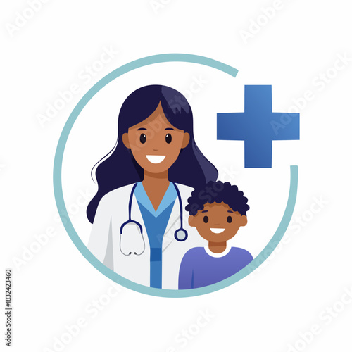 Friendly Female Doctor and Young Boy Patient Icon.