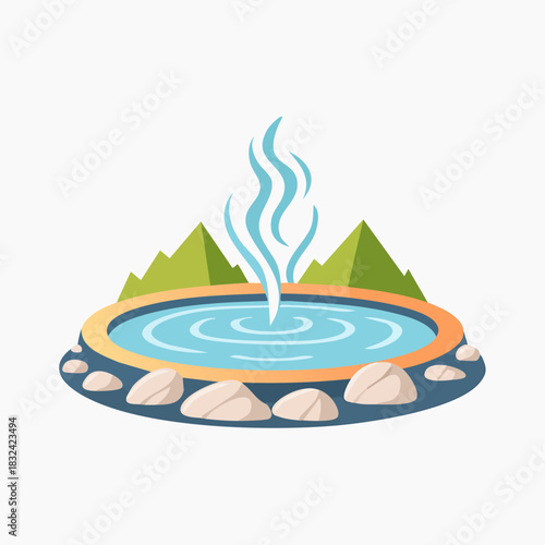 Geothermal Hot Spring Illustration with Mountain Backdrop.