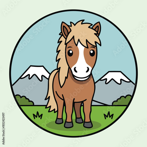 Icelandic Horse (Equus Ferus Caballus) Standing With Snowy Mountain Background, Winter Animal Character In Circular Badge Flat Design Style Vector Illustration