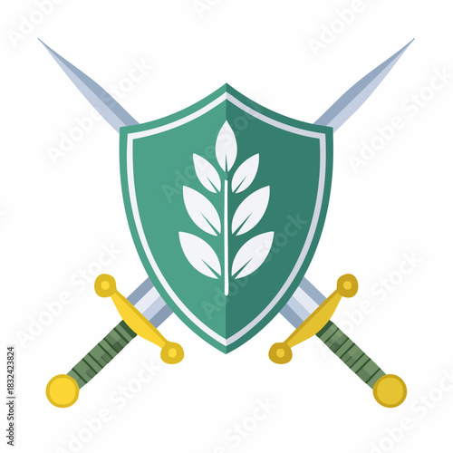 Green Shield with Leaf Emblem and Crossed Swords.