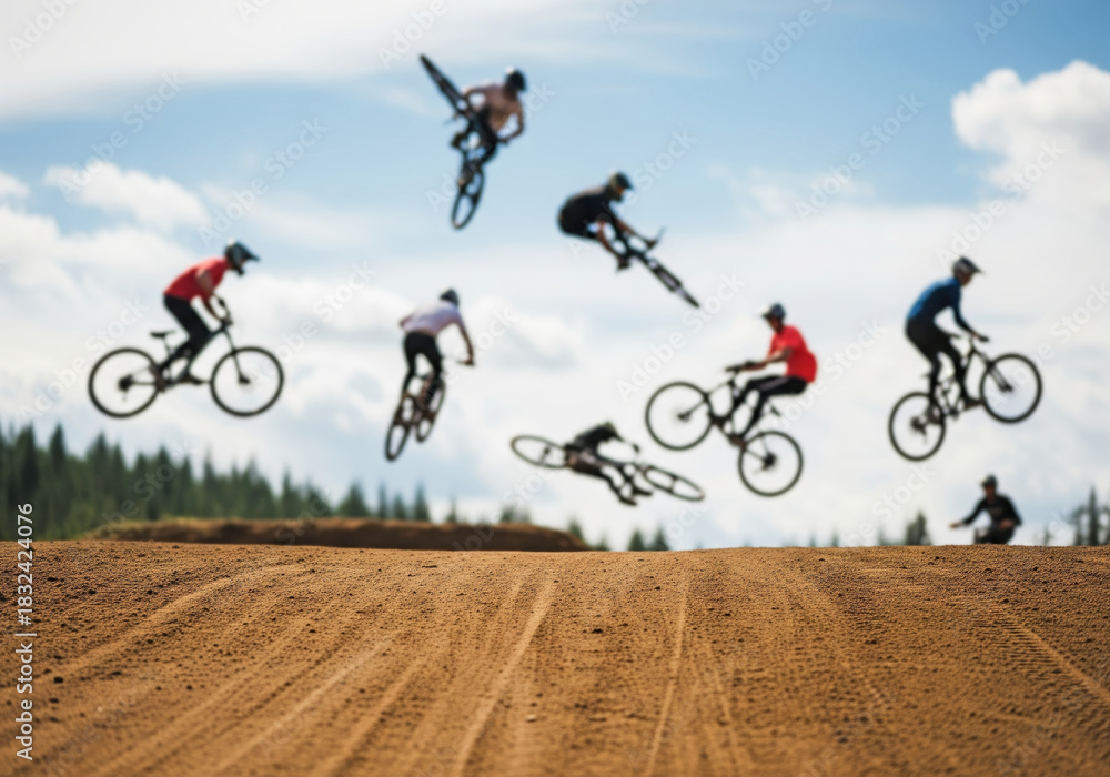 Obraz premium Dynamic mountain bike jump sequence over dirt track with clear foreground for extreme sports banner designs and energetic outdoor promotion layouts