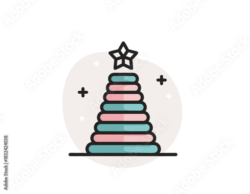 A Flat Vector Illustration of a Stacking Toy Ring Tower with a Star on Top in Pastel Colors on a White Background with Subtle Sparkles