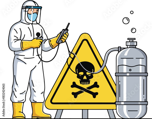 Person in hazmat suit handling equipment near toxic sign