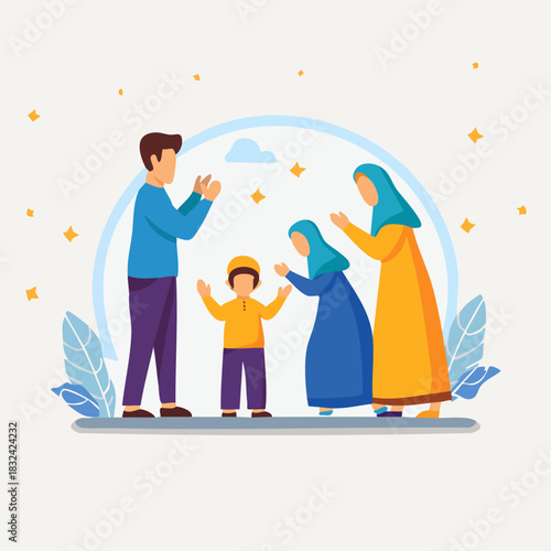 Happy Muslim Family Celebrating Eid al-Fitr Together.