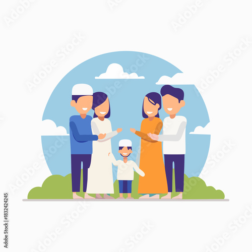 Happy Muslim Family Portrait in Flat Vector Illustration.