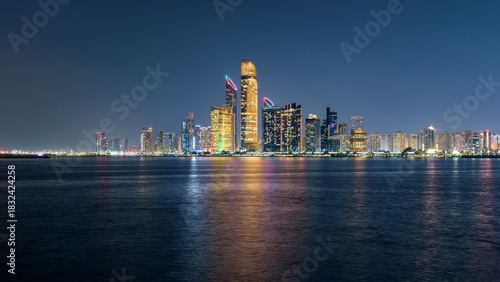 Panoramic Abu Dhabi skyline at night