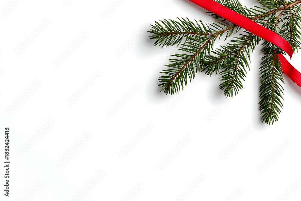 Obraz premium Fir branch with red ribbon on a white background in the upper right corner