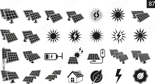Solar Energy Icons Set Sustainable Power and Renewable Resources.