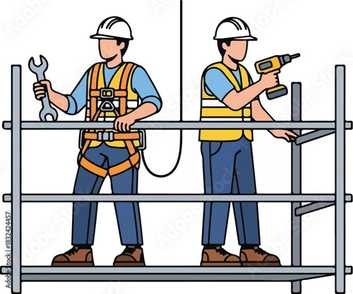 Two construction workers on scaffolding with tools focused on safety and teamwork.