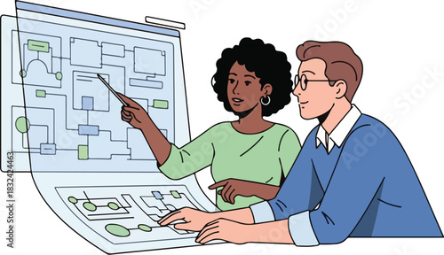 Two diverse professionals collaborating on a complex flowchart diagram.