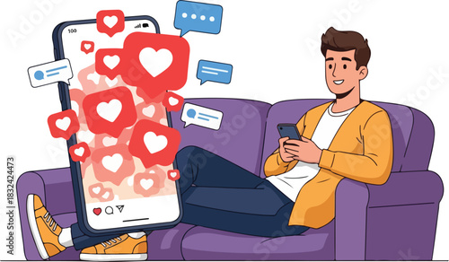 Man sitting on couch with phone surrounded by social media likes