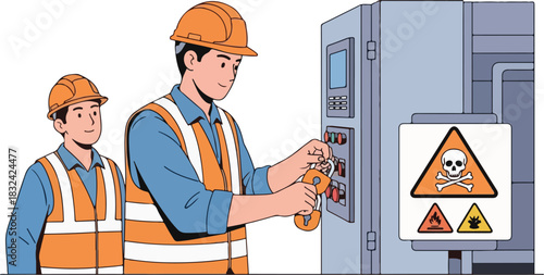 Two male workers in safety gear performing lockout tagout on industrial machinery.