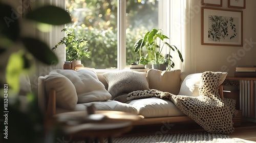 Living Room Sofa with Knitted Throws and Plants Keywords: living room, sofa, couch, Photo
