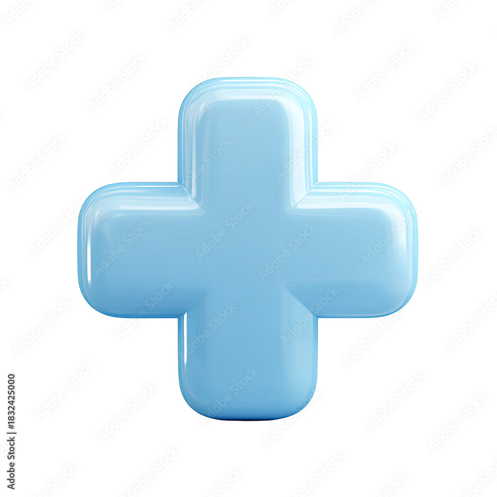 Fototapeta premium Soft light blue 3D plus sign rendered with a glossy finish and smooth rounded modern edges