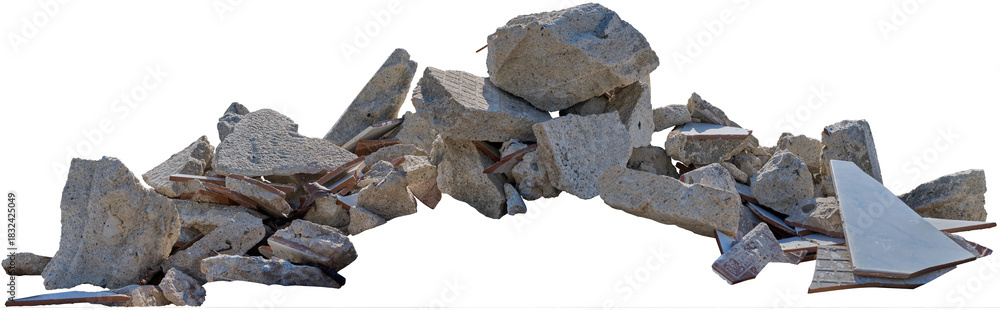 Fototapeta premium A large pile of rubble consisting of various sizes of broken concrete pieces, ideal for construction or recycling purposes. isolated on white background.