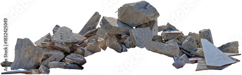 A large pile of rubble consisting of various sizes of broken concrete pieces, ideal for construction or recycling purposes. isolated on white background.
