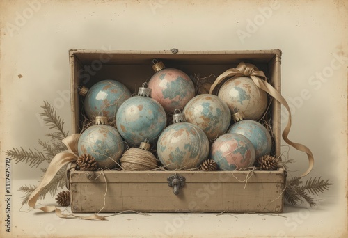 Charming vintage globe Christmas ornaments featuring old world maps in soft blue and pink hues, carefully placed within a worn, antique wooden chest. 