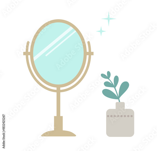 卓上ミラーと花瓶のイラスト素材／グリーンインテリア・シンプルデザイン