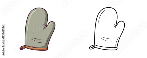Doodle style illustration of a kitchen protective oven mitt glove in gray and brown colors next to a black and white outline for coloring book activity