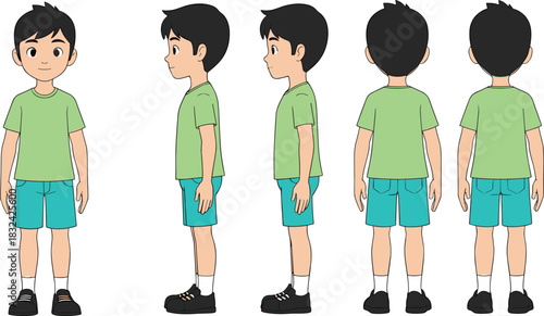 Cartoon boy character sheet, animation turnaround, front side back views, green shirt, blue shorts, black shoes, design reference