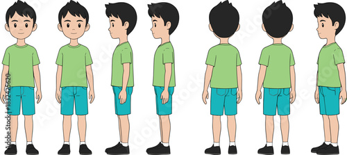 Cartoon boy turnaround sheet, character design, front side back views, animation reference, green shirt, blue shorts, black shoes