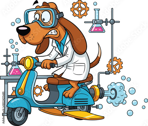 Cartoon dog scientist riding experimental scooter in chaotic laboratory with bubbling chemicals, funny science experiment illustration for creative projects