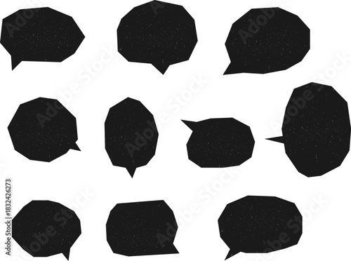 Batch collection of black polygon cut out speech bubbles vectors with dusty retro texture – bulk set of geometric comic chat balloons for dialogue, conversation, and media communication design