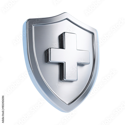 Elegant silver metallic shield with a prominent medical cross symbolizing robust health and secure protection
