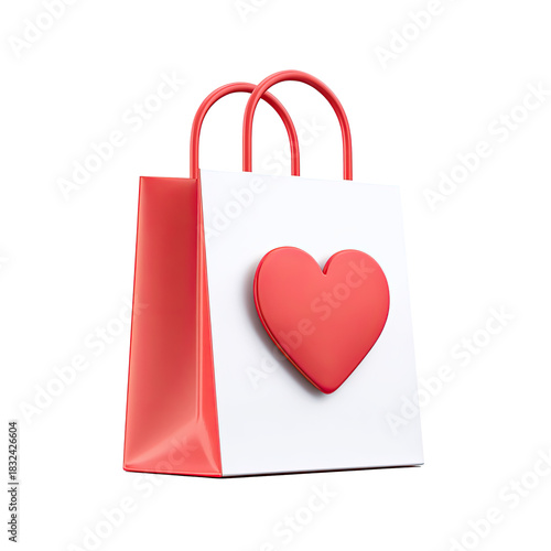 Stylish 3D shopping bag featuring a prominent red heart symbol ideal for expressing affection