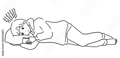 寝ながらスマホを見る女性　線画2