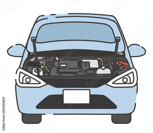 ボンネットを開けた車とエンジンルームのイラスト
