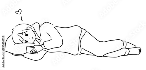 寝ながらスマホを見る女性　線画5