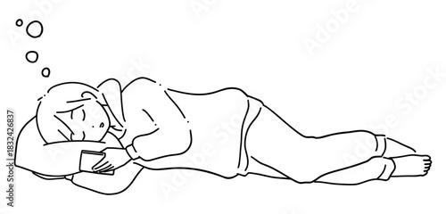 寝ながらスマホを見る女性　線画6