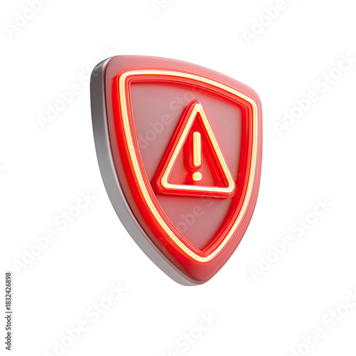 3D rendered metallic shield icon with glowing red warning triangle representing digital security alert