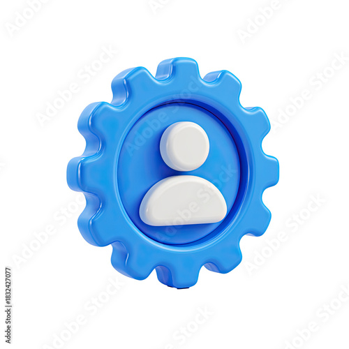Modern 3D blue gear icon featuring a white user silhouette representing account settings and profile management options