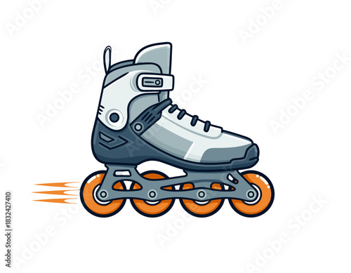 Pixel Art Inline Skate with Orange Wheels and Motion Blur Against a Black Background