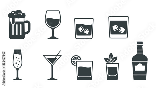 A collection of ten different alcoholic beverages represented as simple black and white vector icons, including beer, wine, cocktails, and liquor.
