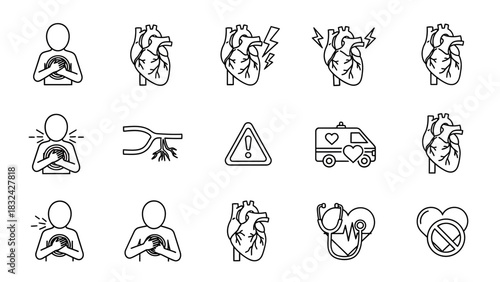 Collection of line art icons depicting heart health, including heart attack symptoms, ambulance, and healthy heart.