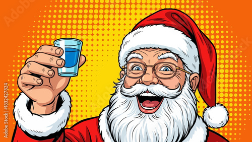 Cheerful cartoon Santa Claus wearing glasses and a red hat raises a shot glass with blue liquid, smiling widely against an orange halftone background.