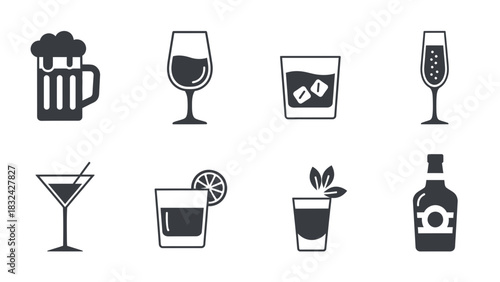 Eight different drink icons in a row, including beer, wine, cocktails, and liquor bottle, depicted in a simple black and white style.