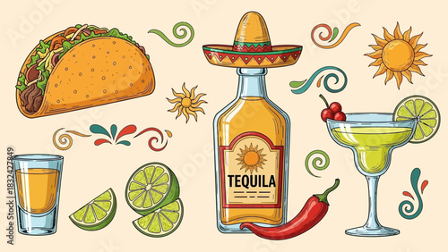 Illustration featuring traditional Mexican elements: a taco, tequila bottle with sombrero, margarita, shot glass, limes, chili pepper, sun, and decorative swirls.