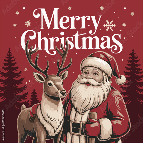 Vintage Santa Claus and Reindeer Merry Christmas Illustration – Festive Holiday Vector Art