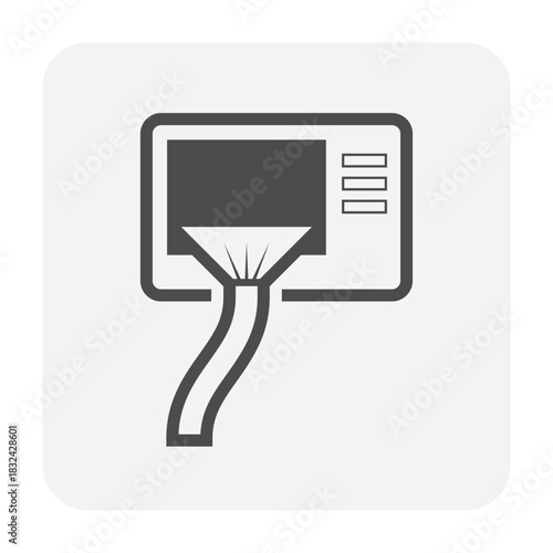 Condenser unit cleaning vector icon, water spray to outdoor coil in air conditioner HVAC split system. Maintenance for removing dust and dirt, improving heat ventilation efficiency, energy savings.