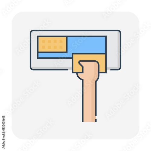 Air conditioner maintenance vector icon, air filter service by cleaning or replacement. Illustrates indoor unit evaporator filter care for clean air, health, cooling performance and HVAC efficiency.