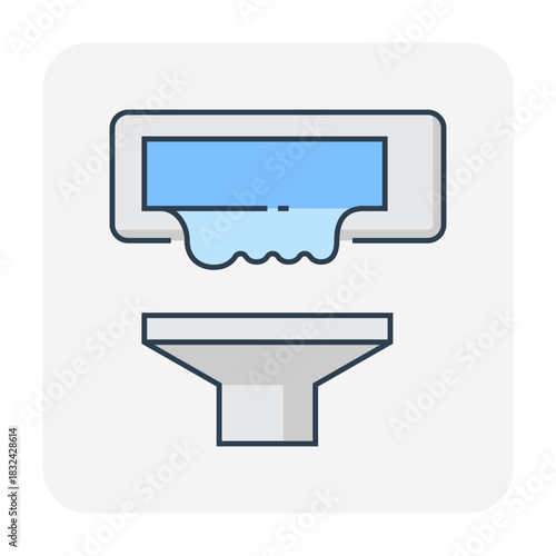 Air conditioning indoor unit washing vector icon, water dripping from evaporator coil into cleaning tray. HVAC maintenance for removing dirt and germs, improving air quality and healthy breathing.