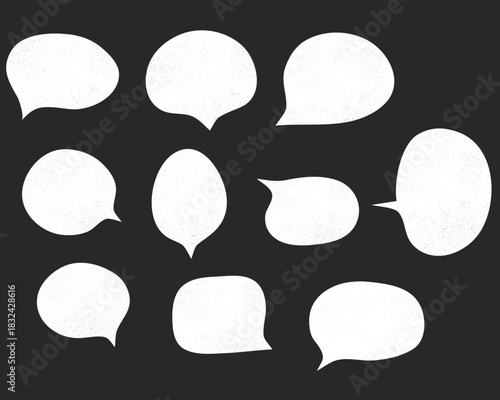 Set of white cut out speech bubbles vector with dusty retro texture. Collection of comic chat balloons for dialogue, conversation, and media communication design