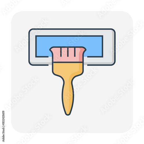 Air conditioner cleaning vector icon by brush removing dust and dirt from evaporator coil of indoor AC unit. HVAC maintenance for cooling, airflow, heat ventilation efficiency, energy savings.