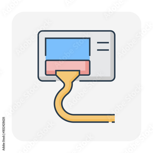 Condenser unit cleaning icon, outdoor part of air conditioning HVAC system. Vacuum cleaner removes dust from heat coil for airflow, cooling, heat ventilation, efficiency and energy savings.