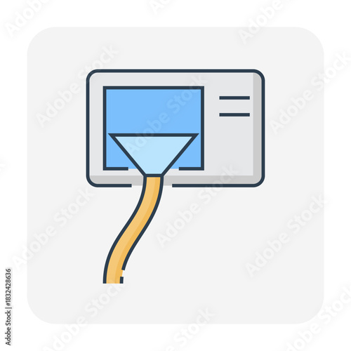 Condenser unit cleaning vector icon, water spray to outdoor coil in air conditioner HVAC split system. Maintenance for removing dust and dirt, improving heat ventilation efficiency, energy savings.